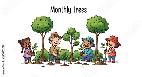 children and grandparents planting trees together