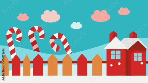 Candy Cane Fences Lining Snowy Village Street