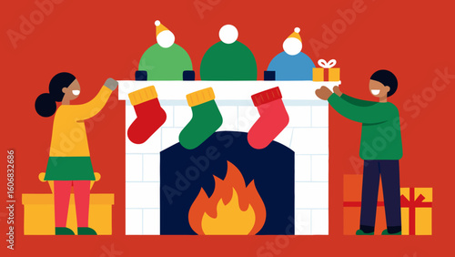 Children Hanging Stockings on Outdoor Fireplace