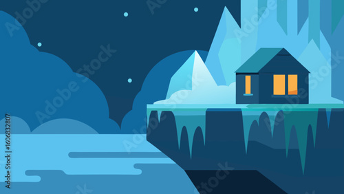 frozen waterfall winter lodge glowing light