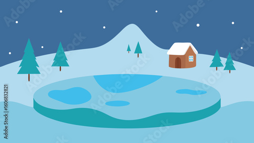 frozen pond small snowy village