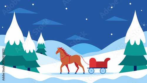 horse drawn sleigh ride decorated snowy forest