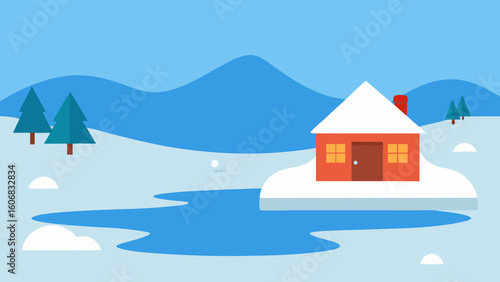 Ice fishing hut frozen lake snowy villa