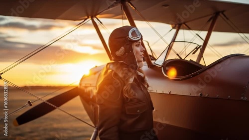 Empowered Female Aviator in Retro Flight Gear Posing with Classic Biplane Against Golden Sunset Sky