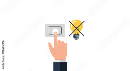 hand turning off light switch, isolated lightbulb icon
