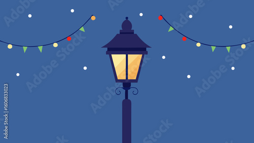 streetlight with snow and holiday garland