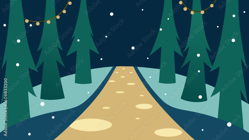 Fototapeta premium forest path fairy lights snowflakes fall