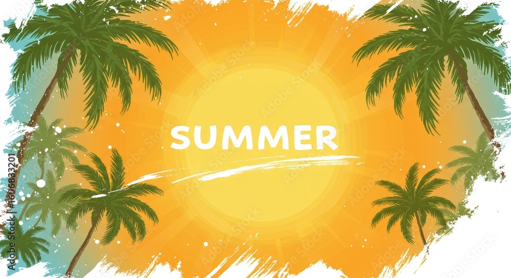 Obraz premium Summer background featuring palm trees, bright sun, and white brush strokes for seasonal graphic design. 