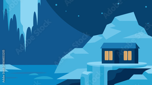 frozen waterfall winter lodge glowing light