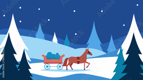 horse drawn sleigh ride decorated snowy forest