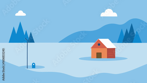 Ice fishing hut frozen lake snowy villa