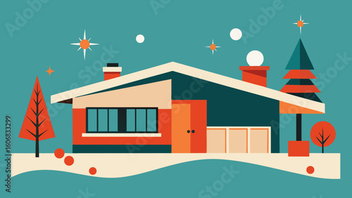 Mid century style suburban house retro christmas