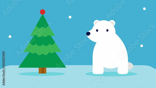 Polar bear cub beside christmas tree arctic scene