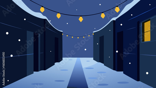 Quiet snowy alleyway hanging string lights