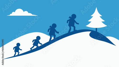 silhouettes of children sledding down snowy hill