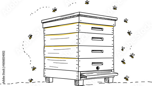Beehive with bees flying around in a simple line art style  
