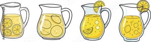 Lemonade pitchers with slices and ice in various styles  