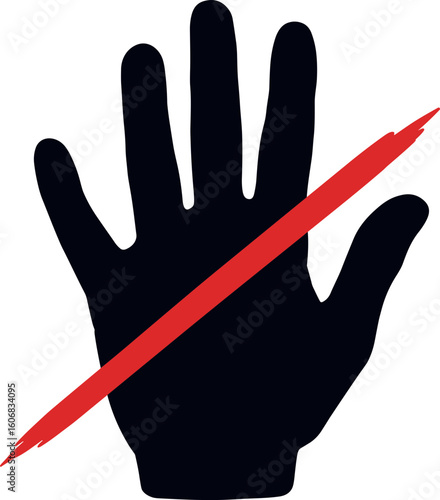 Stop hand symbol with red diagonal line over black silhouette  