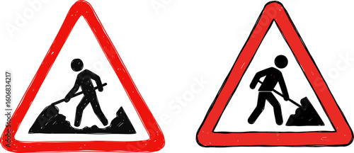 Construction warning signs with worker icon on red background  