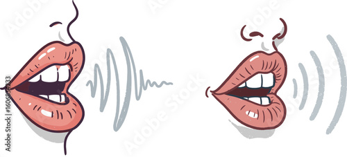 Two illustrated mouths speaking with sound waves emanating  