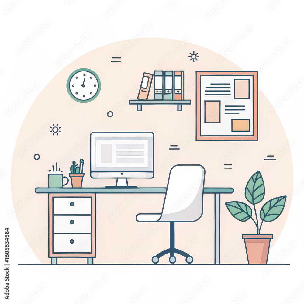 Fototapeta premium Office Illustration Flat Vector Workspace Scene with Computer and Plant