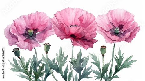Watercolor illustration of three light pink poppy flowers with green leaves on a white background