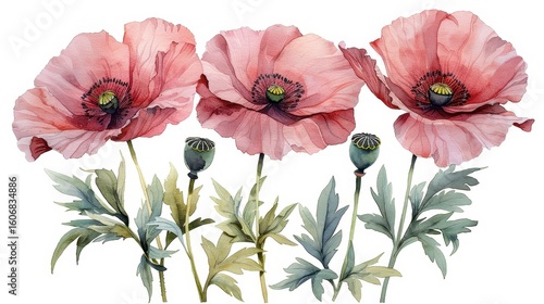Three open pink poppies with seed pods and foliage against a white background