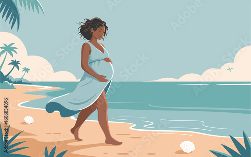 Beautiful pregnant woman walking on a tropical beach, enjoying a serene moment by the ocean