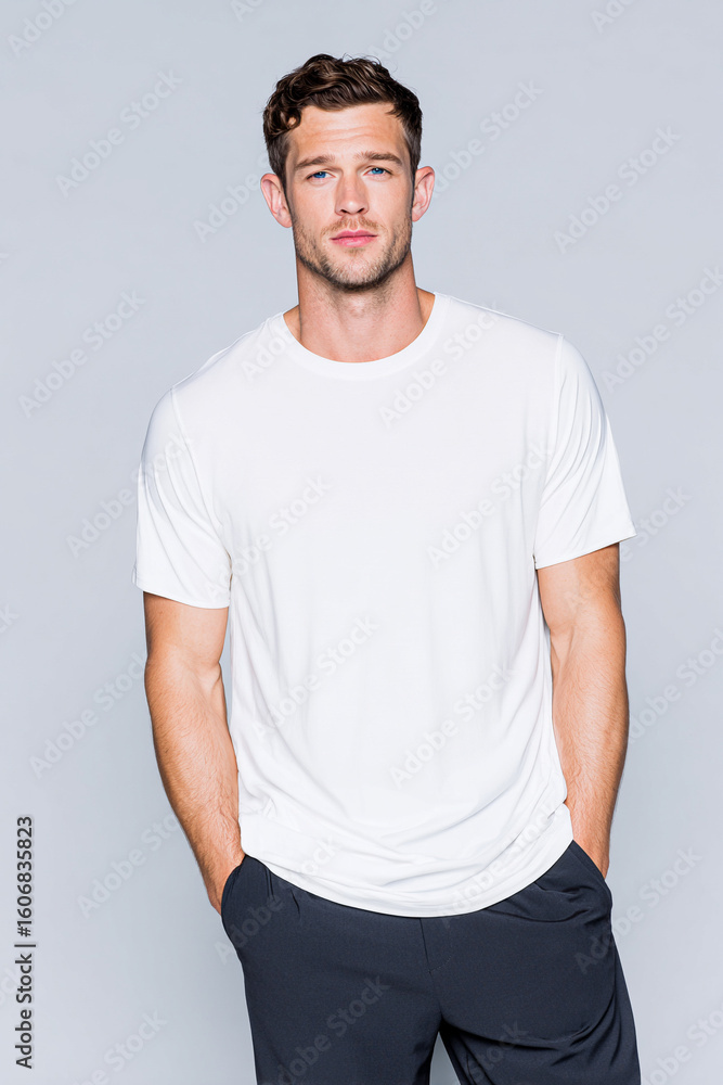Obraz premium A beautiful male model wearing a large white t-shirt. A product shot for fashion and apparel. best use for mockup.