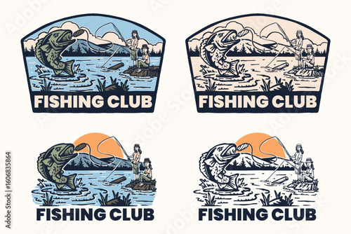 Hand drawn vintage illustration, two anglers landing a large fish by a lake. Includes scenery, typography, color and mono variants for club logos, patches and hobby art.