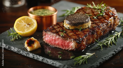 Truffle butter steak premium cut with black truffle medallion melting herb butter and roasted bone marrow in copper vessel