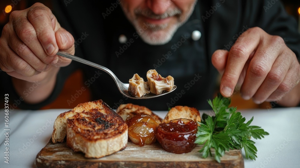 Chef preparing bone marrow dish with silver spoon, professional kitchen, wooden serving board, artisanal bread slices, parsley, jam accompaniment, atmospheric lighting Chef preparing bone marrow dish with silver spoon, professional kitchen, wooden serving board, artisanal bread slices, parsley, jam accompaniment, atmospheric lighting