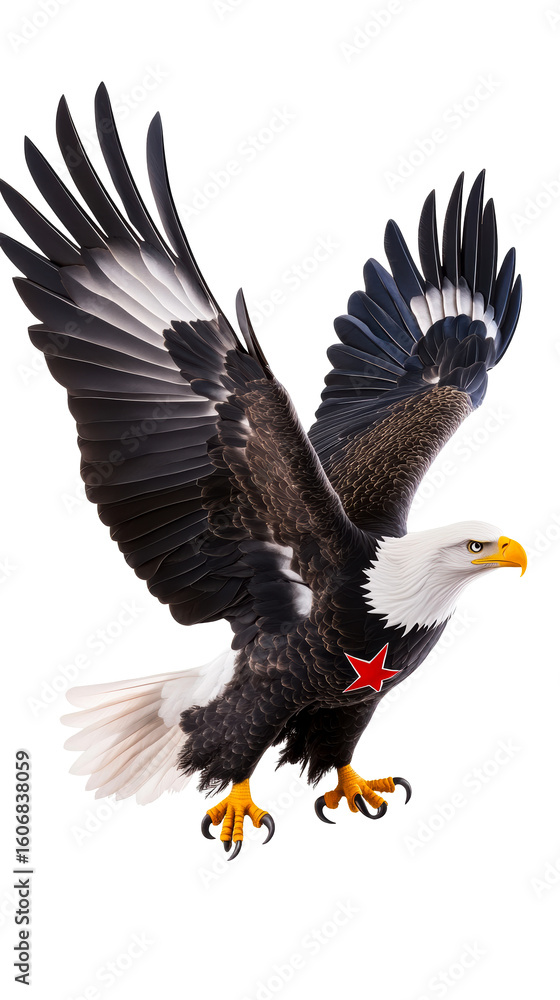 Obraz premium Bald eagle soaring, majestic wings spread, red star emblem on chest, cut out transparent