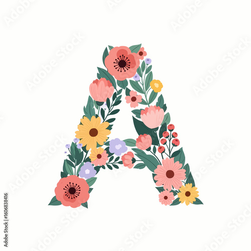 Floral Alphabet Letter A with Flowers and Leaves Vector