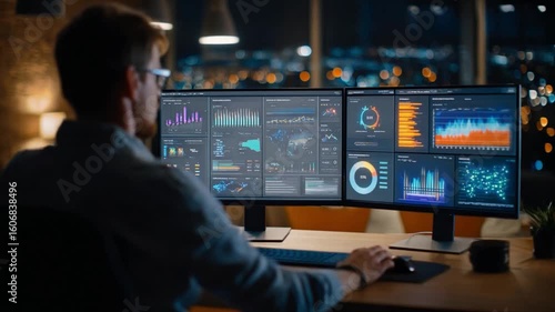 Data Analyst at Work: A focused data analyst meticulously examines complex charts and graphs displayed on multiple screens in a modern, well-lit office environment.