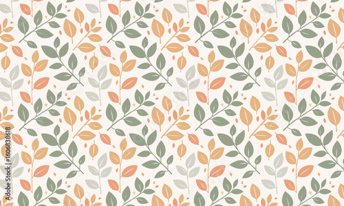 Gentle seamless pattern with calm botanical leaves and branches, Soft modern vector background in muted pastel earth tones