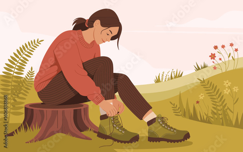 A flat vector illustration of a woman tying her hiking boots while sitting on a tree stump in nature