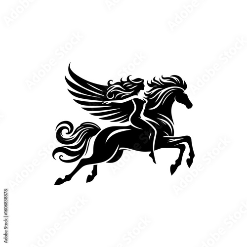 Winged Horse Silhouette with Female Rider Flowing Mane and Dynamic Leaping Pose.