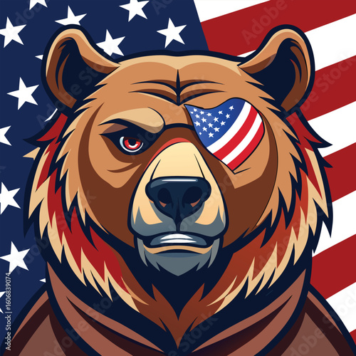 Patriotic grizzly bear with american flag eyepatch and scars