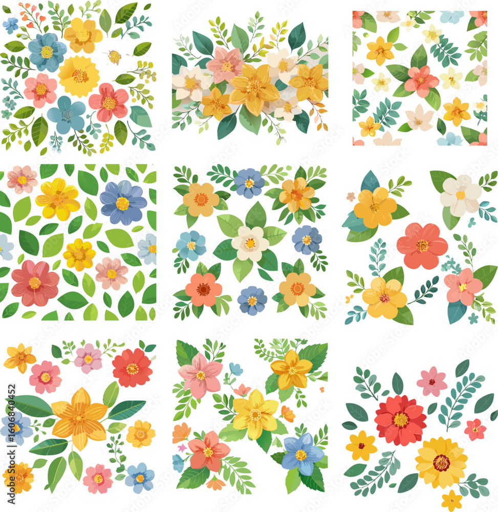 Obraz premium Colorful Floral Patterns Nine Unique Designs.