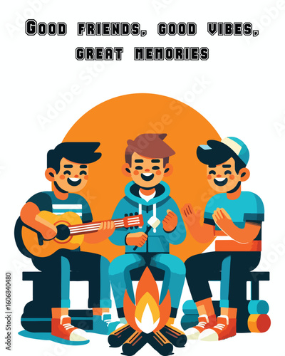 Three Best Friends Campfire Night Singing Guitar Marshmallows – Bold Flat Vector Isolated


