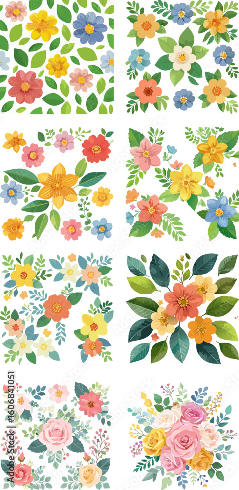 Obraz premium Colorful Floral Vector Pattern and Bouquets.