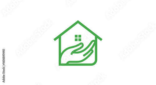 Green linear house and helping hand symbol for real estate and home care