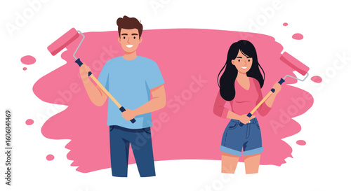Couple painting together with pink background in flat style
