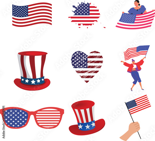  Collection of american patriotic symbols and imagery including flags uncle sam hats and festive glasses for national holidays