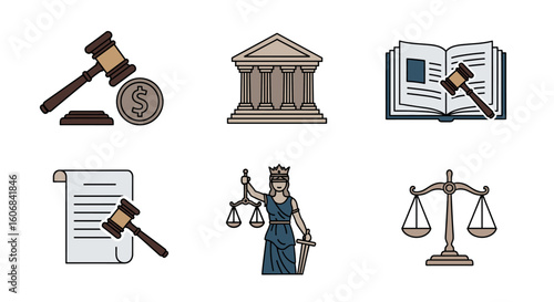 Legal Icons: A comprehensive set of vector-based icons representing key legal concepts, offering a clean and informative visual summary of the justice system and its core elements.