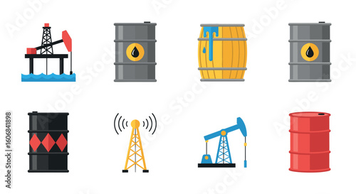 Oil Industry Icons: Set of illustrations showing the essence of the petroleum industry: barrels, oil rigs, and communication structures
