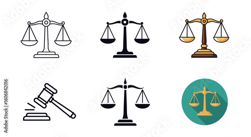 Symbols of Justice: A collection of various illustrations showcases the iconic scales of justice alongside a gavel, symbolizing the pursuit of fairness and legal balance.