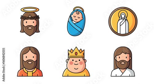 Religious Iconography: A collection of vibrant, flat-design illustrations presents sacred religious figures and symbols. Showcasing the essence of faith and the richness of tradition.