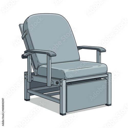 A reclining medical chair, grey upholstery, adjustable backrest, metal frame.